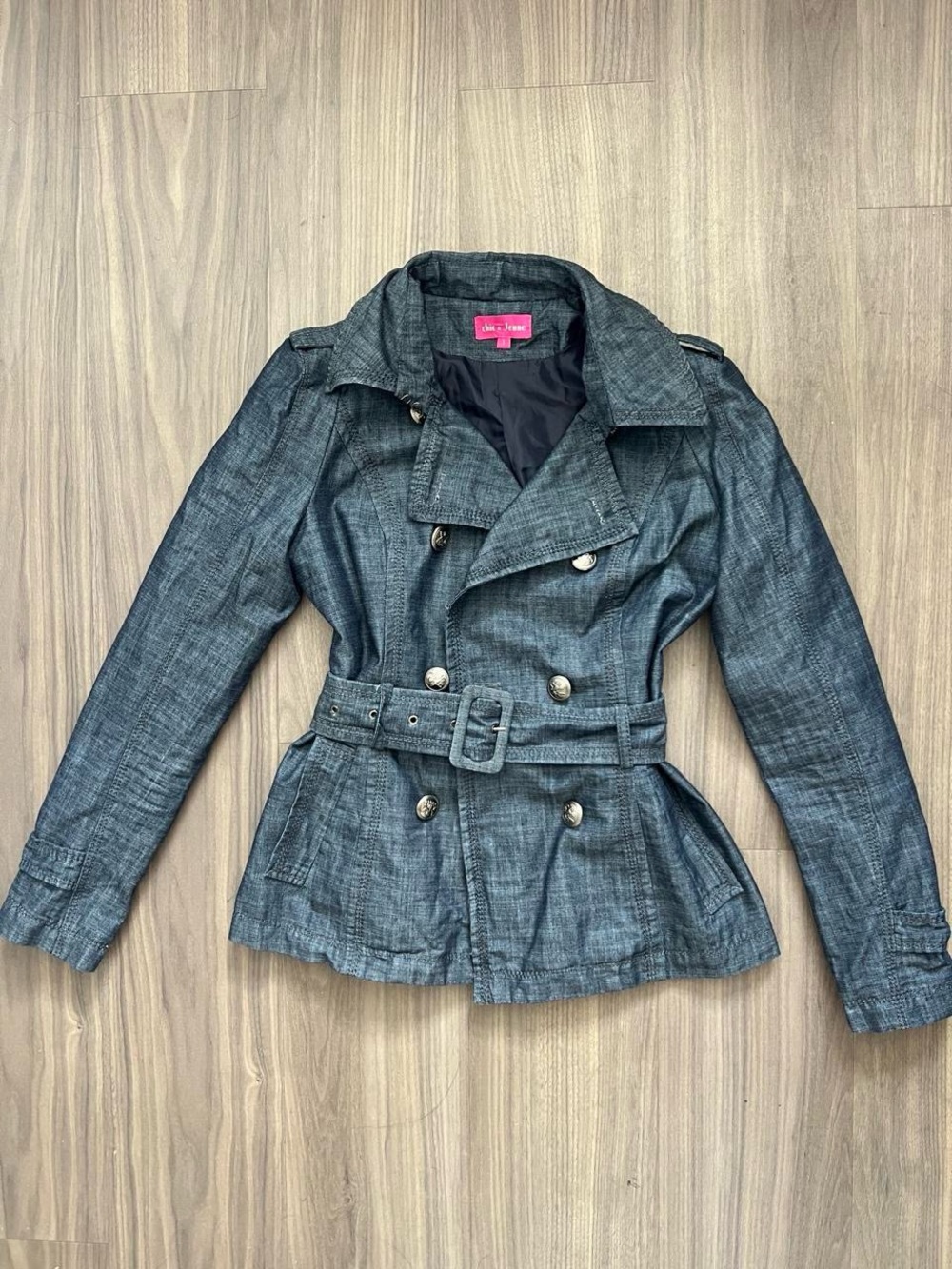 Denim-Style Belted Trench Coat in Dark Blue